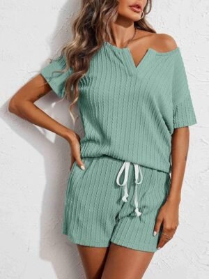 Casual Comfort V Neck Short Sleeve Elastic Waist Pajama Set - Image 8