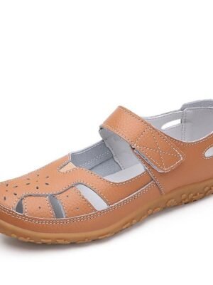 Casual Comfortable Cut-Out Velcro Strap Faux Leather Sandals - Image 6