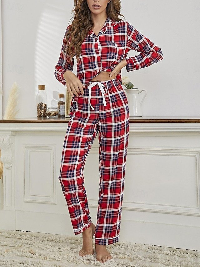 Casual Cozy Plaid Crew Neck Long Sleeve Loungewear Set - Image 1