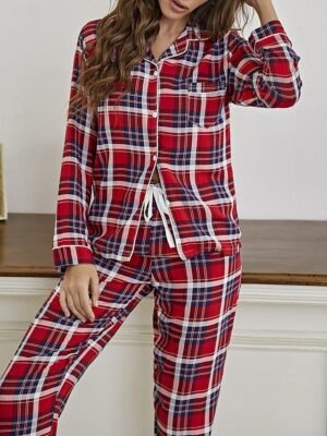 Casual Cozy Plaid Crew Neck Long Sleeve Loungewear Set - Image 5