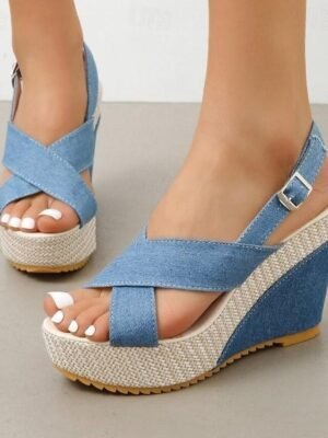 Casual Denim Cross Strap Espadrille Wedge Sandals - Image 1