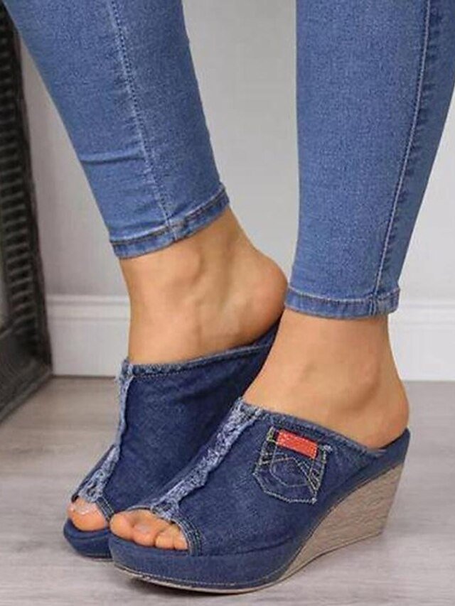 Casual Denim Open-Toe Frayed Hem Slip-On Wedge Sandals - Image 2