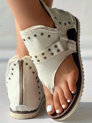 Casual Flat Solid Rivet Canvas Loafer Sandals - Image 15