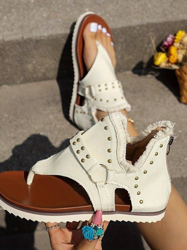 Casual Flat Solid Rivet Canvas Loafer Sandals - Image 2