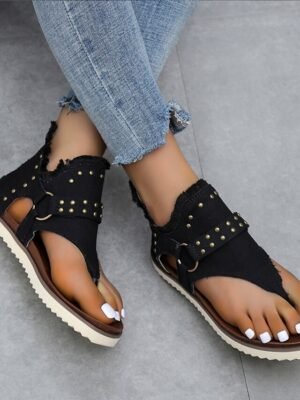 Casual Flat Solid Rivet Canvas Loafer Sandals - Image 8