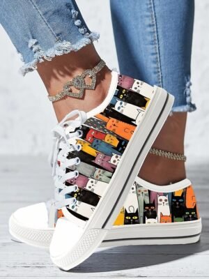 Casual Lace-Up Colourful Cat Print Sneakers - Image 1