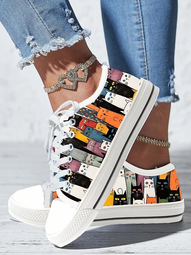 Casual Lace-Up Colourful Cat Print Sneakers - Image 1