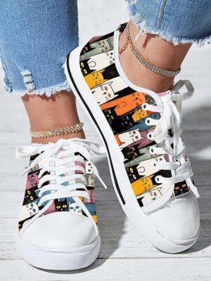 Casual Lace-Up Colourful Cat Print Sneakers - Image 2