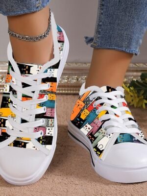 Casual Lace-Up Colourful Cat Print Sneakers - Image 3