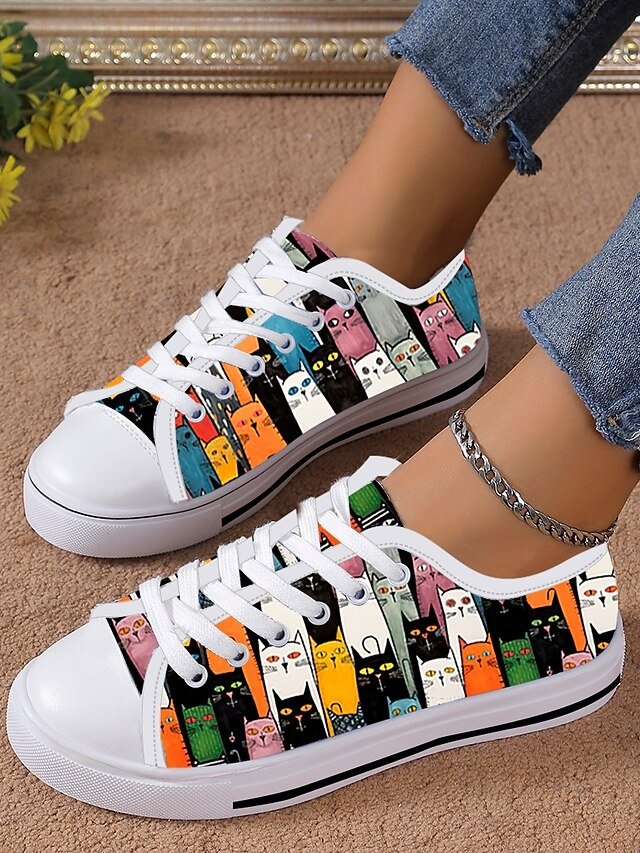 Casual Lace-Up Colourful Cat Print Sneakers - Image 4