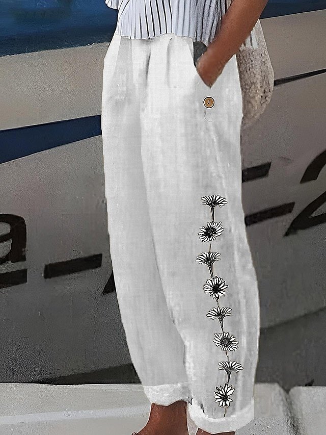 Casual Loose Floral Elastic Waist Long Trousers - Image 2