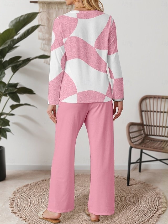 Casual Loose Geometric Crew Neck Long Sleeve Full Length Pajama Set - Image 2