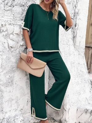 Casual Loose Pure Crew Neck Short Sleeve Summer T-shirt and Pant Set - Image 18