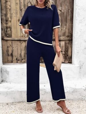 Casual Loose Pure Crew Neck Short Sleeve Summer T-shirt and Pant Set - Image 21