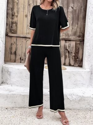 Casual Loose Pure Crew Neck Short Sleeve Summer T-shirt and Pant Set - Image 6