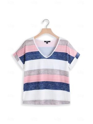 Casual Loose Striped V Neck Short Sleeve Summer Tee - Image 10