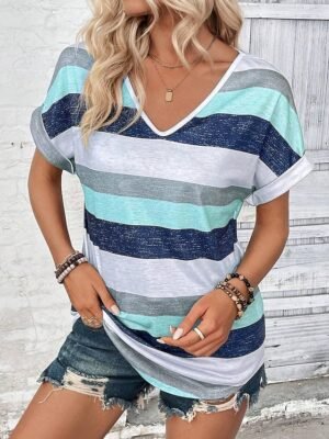 Casual Loose Striped V Neck Short Sleeve Summer Tee - Image 3