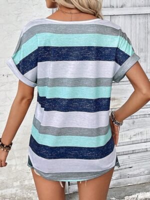 Casual Loose Striped V Neck Short Sleeve Summer Tee - Image 4