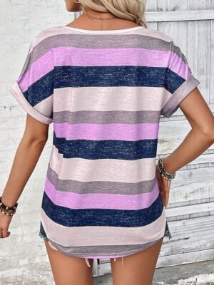Casual Loose Striped V Neck Short Sleeve Summer Tee - Image 7