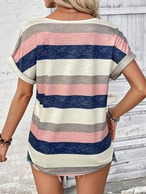 Casual Loose Striped V Neck Short Sleeve Summer Tee - Image 8