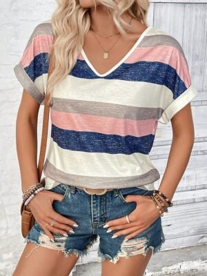 Casual Loose Striped V Neck Short Sleeve Summer Tee - Image 9