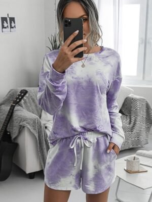 Casual Loose Tie Dye Crew Neck Short Sleeve Loungewear Set - Image 11