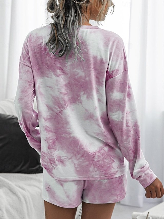 Casual Loose Tie Dye Crew Neck Short Sleeve Loungewear Set - Image 2
