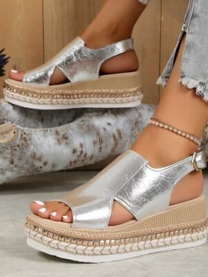 Casual Metallic Open Toe Buckle Strap Platform Espadrille Sandals - Image 10