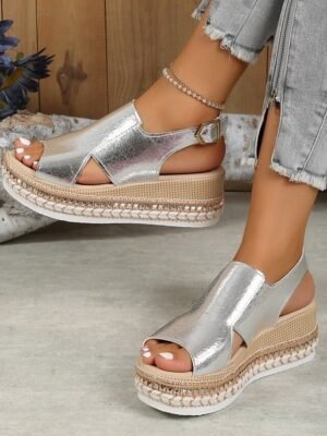 Casual Metallic Open Toe Buckle Strap Platform Espadrille Sandals - Image 11