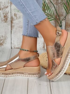 Casual Metallic Open Toe Buckle Strap Platform Espadrille Sandals - Image 4
