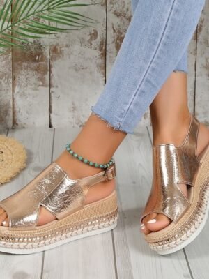 Casual Metallic Open Toe Buckle Strap Platform Espadrille Sandals - Image 5