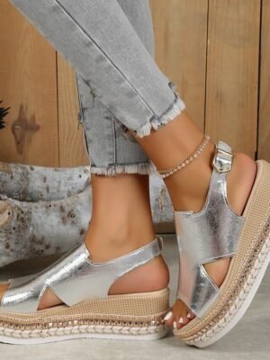Casual Metallic Open Toe Buckle Strap Platform Espadrille Sandals - Image 9