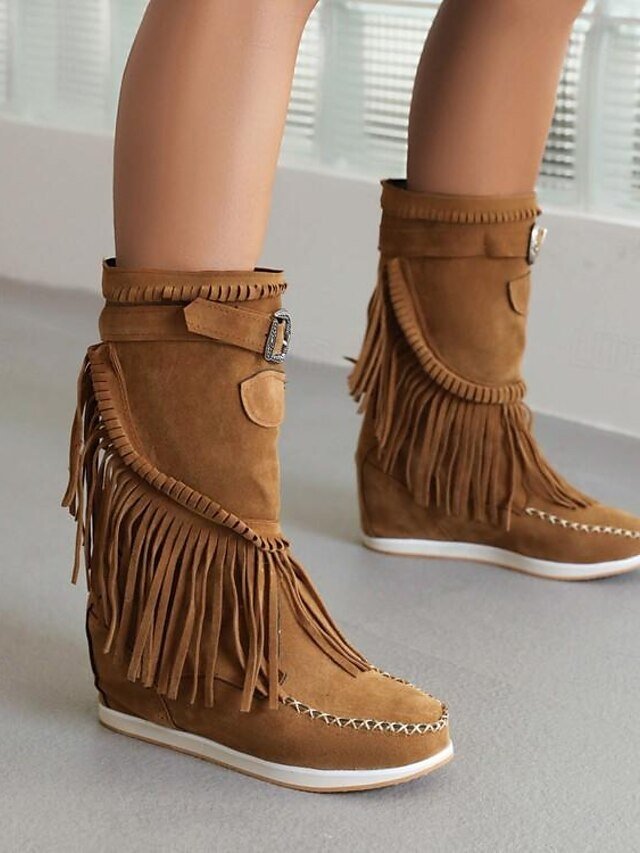 Casual Mid-Calf Fringe Moccasin Faux Suede Boots - Image 1