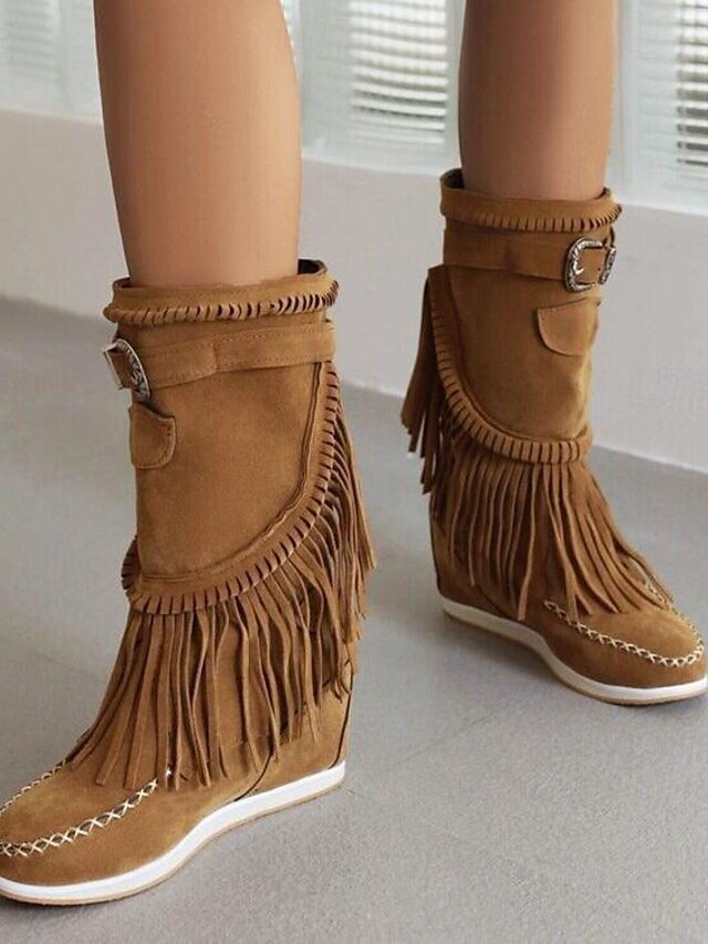 Casual Mid-Calf Fringe Moccasin Faux Suede Boots - Image 2