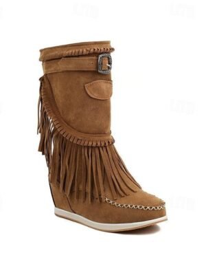 Casual Mid-Calf Fringe Moccasin Faux Suede Boots - Image 3