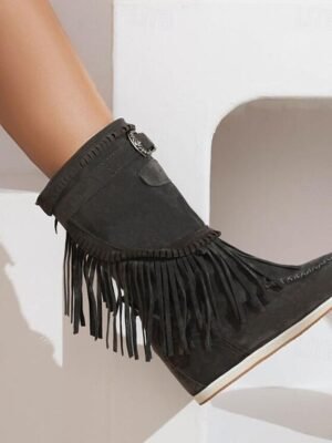 Casual Mid-Calf Fringe Moccasin Faux Suede Boots - Image 5