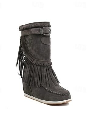 Casual Mid-Calf Fringe Moccasin Faux Suede Boots - Image 8