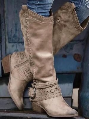 Casual Mid-Calf Perforated Round Toe Block Heel Western Boots - Image 3