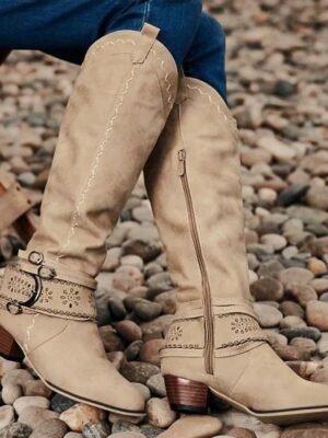 Casual Mid-Calf Perforated Round Toe Block Heel Western Boots - Image 7