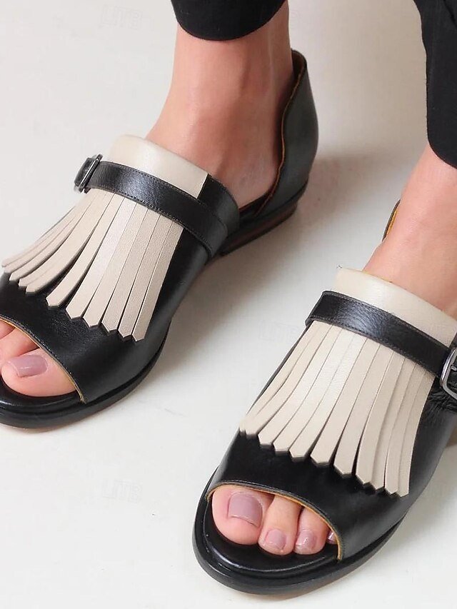 Casual Open-Toe Fringe Faux Leather Flats - Image 1