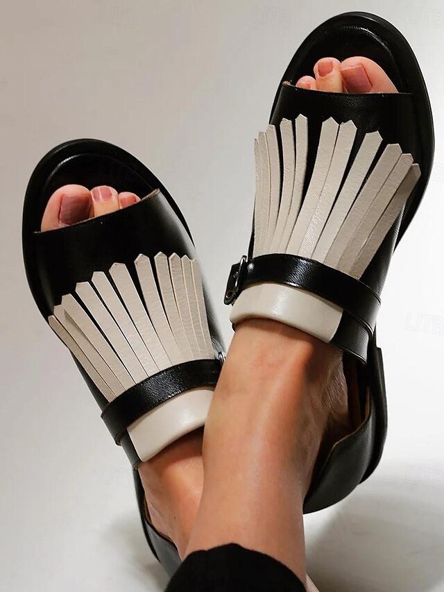 Casual Open-Toe Fringe Faux Leather Flats - Image 2