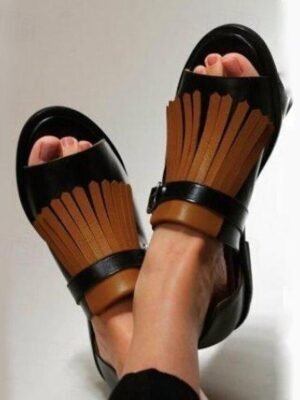 Casual Open-Toe Fringe Faux Leather Flats - Image 3