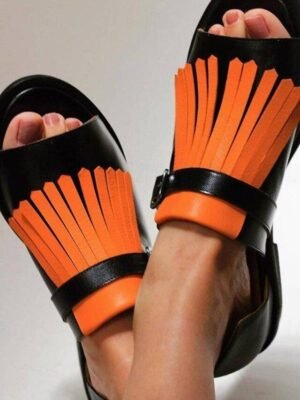 Casual Open-Toe Fringe Faux Leather Flats - Image 4