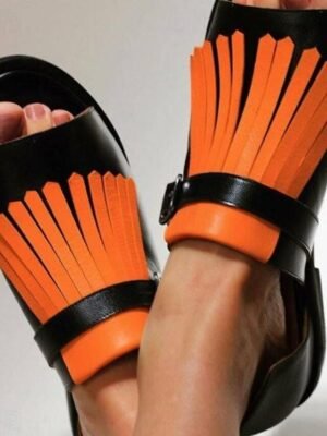 Casual Open-Toe Fringe Faux Leather Flats - Image 5