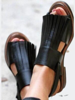 Casual Open-Toe Fringe Faux Leather Flats - Image 6