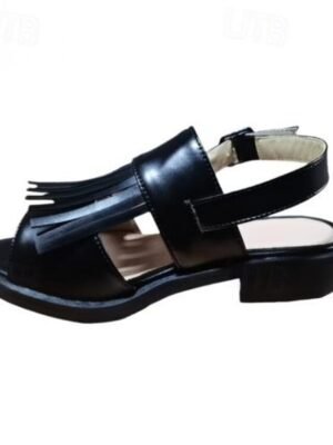 Casual Open-Toe Fringe Faux Leather Flats - Image 7