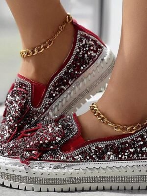 Casual Platform Sparkly Slip-On Round Toe Sneakers - Image 11