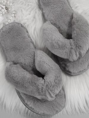 Casual Plush Fuzzy Open Toe Flat Slippers - Image 10