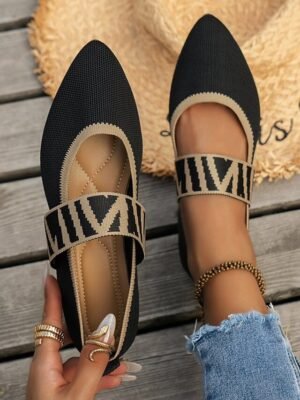 Casual Pointed Toe Geometric Strap Black Knit Flats - Image 1