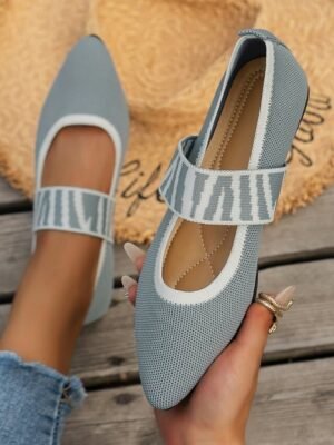 Casual Pointed Toe Geometric Strap Black Knit Flats - Image 10